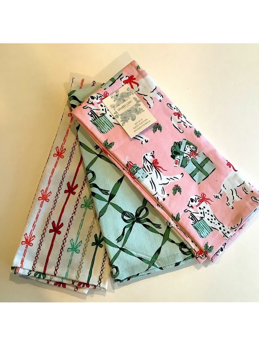 Shabby Chic Christmas Present Dogs Bows Kitchen Towels New
